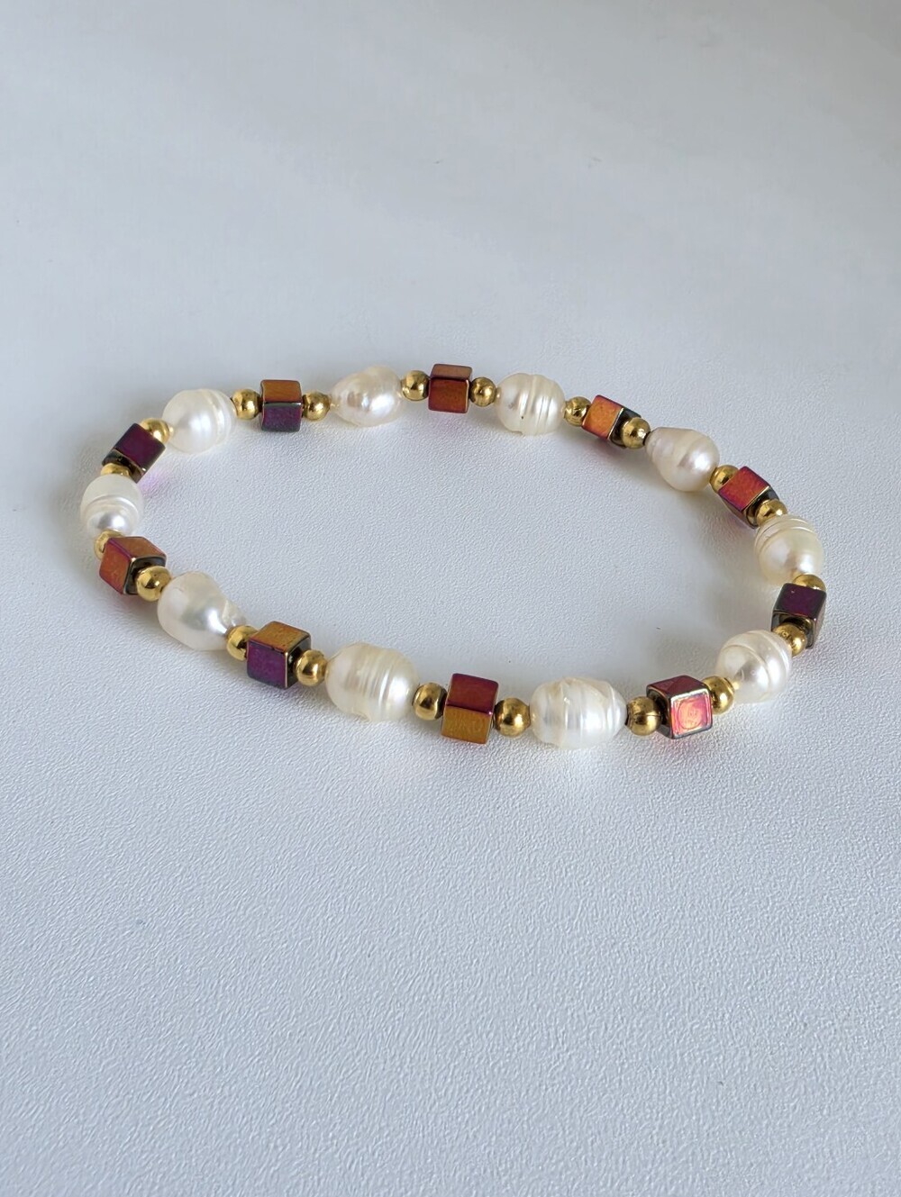Freshwater Pearl & Rainbow Hematite Stretch Bracelet Gold Beaded Handmade